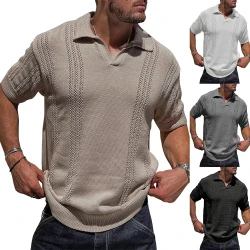 European and American Style Men's Short Sleeve Knitted V-Neck Polo Shirt with Hollow Design