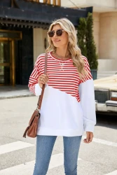 Striped Printed Long Sleeve T Shirt Fashion Casual Round Neck Pullover Split Design Women's Clothing