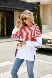 Striped Printed Long Sleeve T Shirt Fashion Casual Round Neck Pullover Split Design Women's Clothing