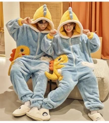 Cartoon Jumpsuit Homewear Couple One-piece Nightgown Coral Fleece Winter Thickened Plush Pajamas