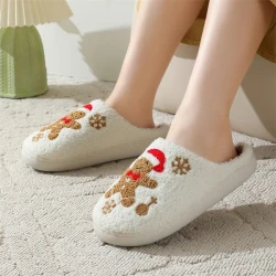 Christmas Snowflake Gingerbread Slippers Winter Indoor Non-slip Floor Bedroom Fuzzy House Shoes For Women Home Slippers