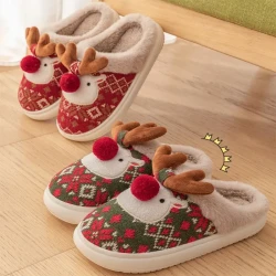 Cute Christmas Elk Plush Slippers Winter Ins Fashion Non-slip Floor Bedroom Home Slippers For Women Fuzzy House Shoes