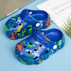 Unisex Kid's Adorable Dinosaur Pattern Clogs, Comfy Non Slip Casual Soft Sole Breathable Hollow Out Slippers For Boy's & Girl's Outdoor Activities