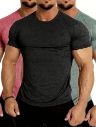 Solid Color Men's Stretch Breathable Quick-drying Short Sleeve Round Neck Fitness T-shirt For Summer, Gift For Men