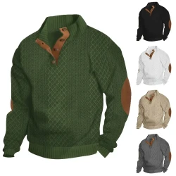 Trendy Solid Sweatshirt, Men's Casual Retro V Neck Stand Collar Sweatshirt For Men Fall Winter