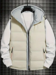 Men's Hooded Solid Color Sleeveless Down Jacket With Zippered Pockets, Casual And Chic Vest Jacket For Autumn And Winter Outdoors Wear