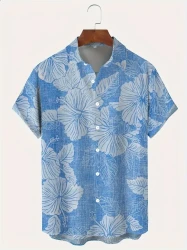 Men's Short Sleeve Button-Up Shirt With Fancy Print, Casual Summer Hawaiian Style, Daily Vacation Beachwear For Men