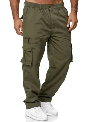 Mens Loose Fit Cotton Blend Cargo Pants - Multi-Pocket, Non-Stretch, Regular Length, Solid Color, Casual Style, Perfect for Spring and Fall Outdoor Hiking and Everyday Wear