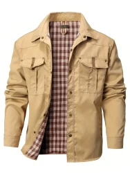 Multi-Pocket Mens Cargo Shirt - Solid-Colored, Casual Lapel, Button-Front, Long Sleeve - Perfect for Outdoor Activities and Casual Occasions