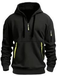 Mens Stylish Sport Hoodie with Zippered Arm Pocket & Vibrant Ribbon Detail - Comfortable Fleece Pullover Sweatshirt Jacket