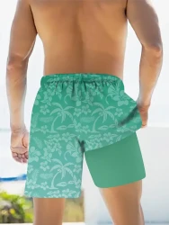 Men's Double-layer Coconut Tree And Tropical Floral Pattern Board Shorts, Casual And Trendy Shorts With Drawstring And Pockets, Suitable For Summer Beach And Holiday Wear