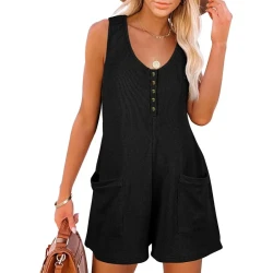 Casual Waffle Button Jumpsuit With Pockets Fashion Summer Womens Clothing