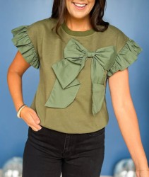 Women's Contrast Color Bow Ruffle Sleeve Top