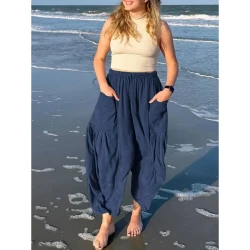 Summer Wide Leg Pleated Pants Women's  Clothing