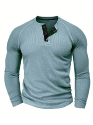 Casual Men's V-Neck Henley Shirt - Solid Color, Breathable Waffle-Knit, Durable & Stretchable for Spring & Fall