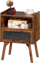 Rattan Nightstands Set of 2 - Cane Accent Bedside End Table with Solid Wood Legs for Bedroom, Dorm, and Small Spaces