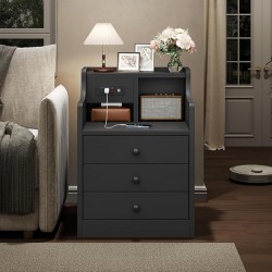 Black Nightstand with Charging Station - 3 Drawers Wood Sofa End Side Table with USB Ports and Outlet