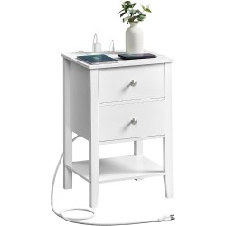 Nightstand with Charging Station - Bedside Table with 2 Drawers, Side End Table with Open Shelf, 2 USB-A Ports, and 2 Outlets