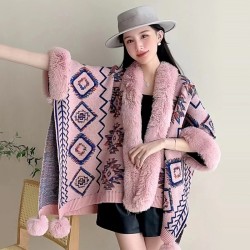 Ethnic Style Fur Ball Shawl Cape Cloak