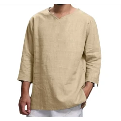 Loose Casual V-neck Top Cotton And Linen Long Sleeve Pullover Shirt Mens Clothing