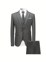 3-Piece Men's Classic Solid Dress Suit Set, Single-breasted Jacket + Vest + Trousers Set, Formal Attire For Men