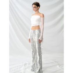 Low Rise Snake Print Sequin Slim Fit Flared Pants