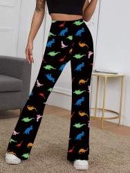 Long Bell-bottom Pants Dinosaur Printed High Waist High Elastic Trousers For Women