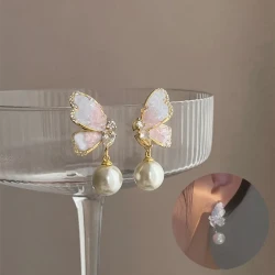 Gradient Butterfly Pearl Earrings With Rhinestones For Women