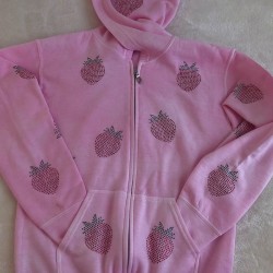 Women's Loose Strawberry Pattern Rhinestone Zipper Hoodie Coat