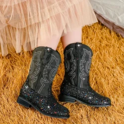 Girls Trendy Cool Cowgirl Boots, Cute Shiny Sequin Dress Boots For Party Holiday Performance