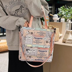 MINISO Snoopy Cartoon Print Tote Bag – Fashionable Large Capacity Casual One Shoulder Crossbody Bag, Nylon Pink Handbag