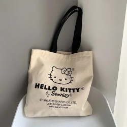 MINISO Disney Women Cute Hello Kitty Canvas Tote Bag – Femme Shopping Shoulder Bag, Travel Tote, Luxury Designer Handbag