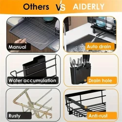 Space-Saving 2-Tier Iron Dish Rack with Utensil Holder - Rust-Proof, Easy Clean Kitchen Organizer