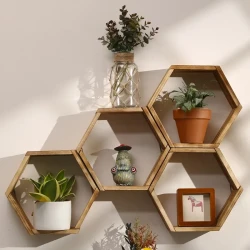 Hexagonal Bookshelf, Farmhouse Wood Floating Shelves