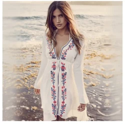 Bohemian White Embroidered Long Sleeve Beach Cover-Up Dress