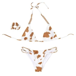 Women's Cow Print Bikini Set with Chain Straps - Push-Up Swimsuit Beachwear