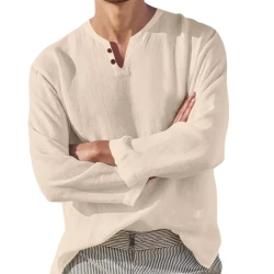 Cotton Linen Men's Long Sleeve V-neck Casual Beach Linen Shirt