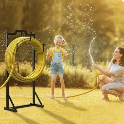 Premium Black Metal Garden Hose Reel Stand - Detachable & Adjustable, Heavy Duty Outdoor Organizer for Lawn & Yard, Weather-Resistant, Space-Saving Robust Hose Hanger Solution