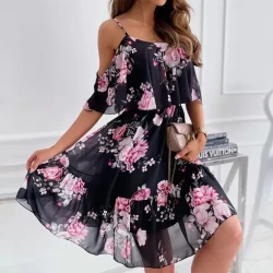 Flower Printed Ruffled Suspender Dress Women