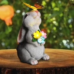 Outdoor Rabbit Statue Decoration with Solar-Powered Butterfly Light, Resin Art Deco Rabbit Figurine for Garden