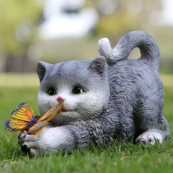 Solar-Powered Grey Cat Outdoor Statue, Charming Garden Decor, Unique Resin Sculpture, Eye-Catching Courtyard Ornament With Butterfly, Weather-Resistant, Classic Style