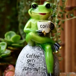 Creative Statue Decor, Green Frog Sitting On Stone Drinking Coffee, Indoor Outdoor Garden Statue Decoration, Collectible Frog Figurine Statue Sculpture