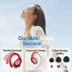 Red Wireless Earbuds for Running - Enhanced Bass Earphones with Sweatproof Earhooks, Dual-LED Display, and Noise Cancelling Technology