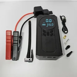 Portable Cordless Car Battery Emergency Starter with Tire Air Pump, Air Compressor, LED Display, Flashlight, and Mobile Power Supply - USB Charged Lithium Battery