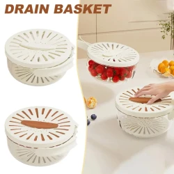 Fruit Drain Basket With Lid Vegetable Washing Bowl Foldable Handle Cleaning Colander