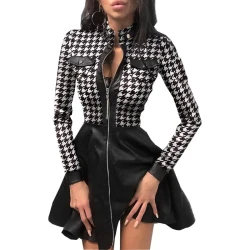 Long Sleeve V-neck Zipper Pu Pocket Dress