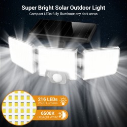 Solar Motion Lights Outdoor – 2500LM 216 LED Security Lights with Remote Control, 3 Heads Motion Sensor Lights for Garden, Garage, Eave