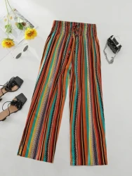 Multi-color Stripe Women's Casual Pants Tied Elastic Waist