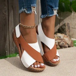 Summer Wedges Sandals With Colorblock Cross-strap Shoes For Women