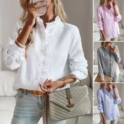 Striped Long Sleeve Shirt Fashion Ruffle Design Button Up Tops Casual Office Blouse Elegant Commuting